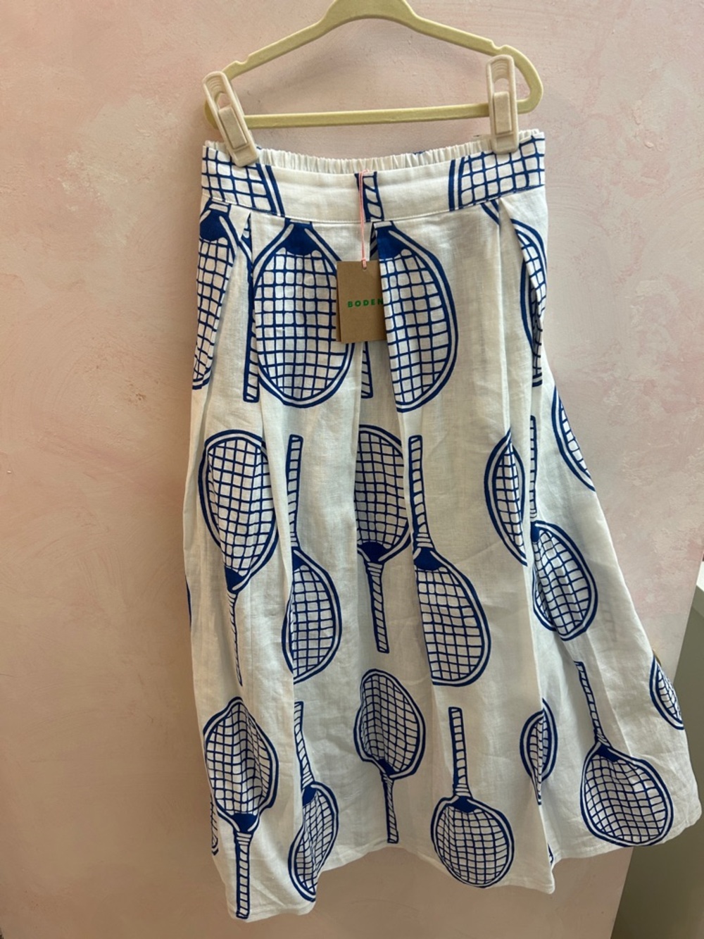 Boden White Verity Linen Pleated Skirt with Blue Tennis Racket Print